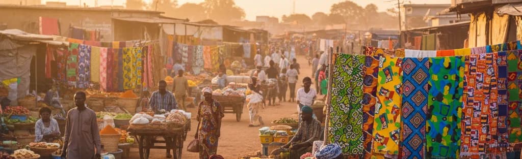 Marché animé d'Afrique de l'Ouest au lever du jour.